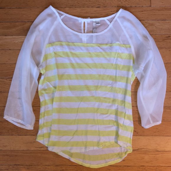 LC Lauren Conrad Women's Striped Bow Tee 3/4 Sleeves Yellow & White Shirt - Picture 7 of 16